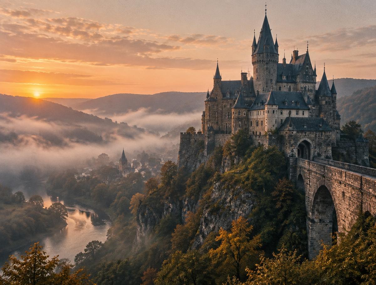 A castle rising above a mist-covered valley at sunrise